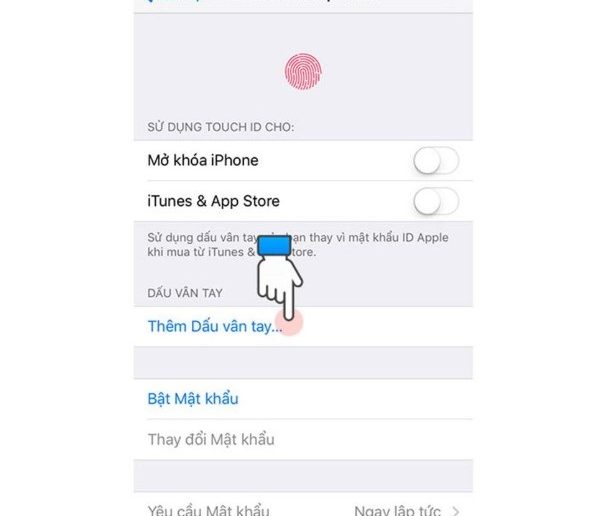 Tùy chọn cài đặt Touch ID để Mở khóa iPhone hoặc iTunes & App Store > Thêm dấu vân tay