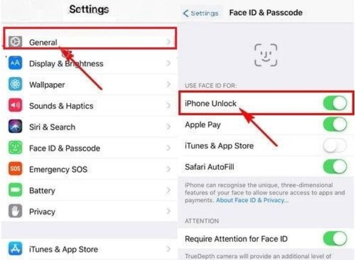 Cài đặt (Settings) > Face ID và mật mã (Face ID & Passcode) > Mở khoá iPhone (iPhone Unlock) và tắt bỏ tính năng này